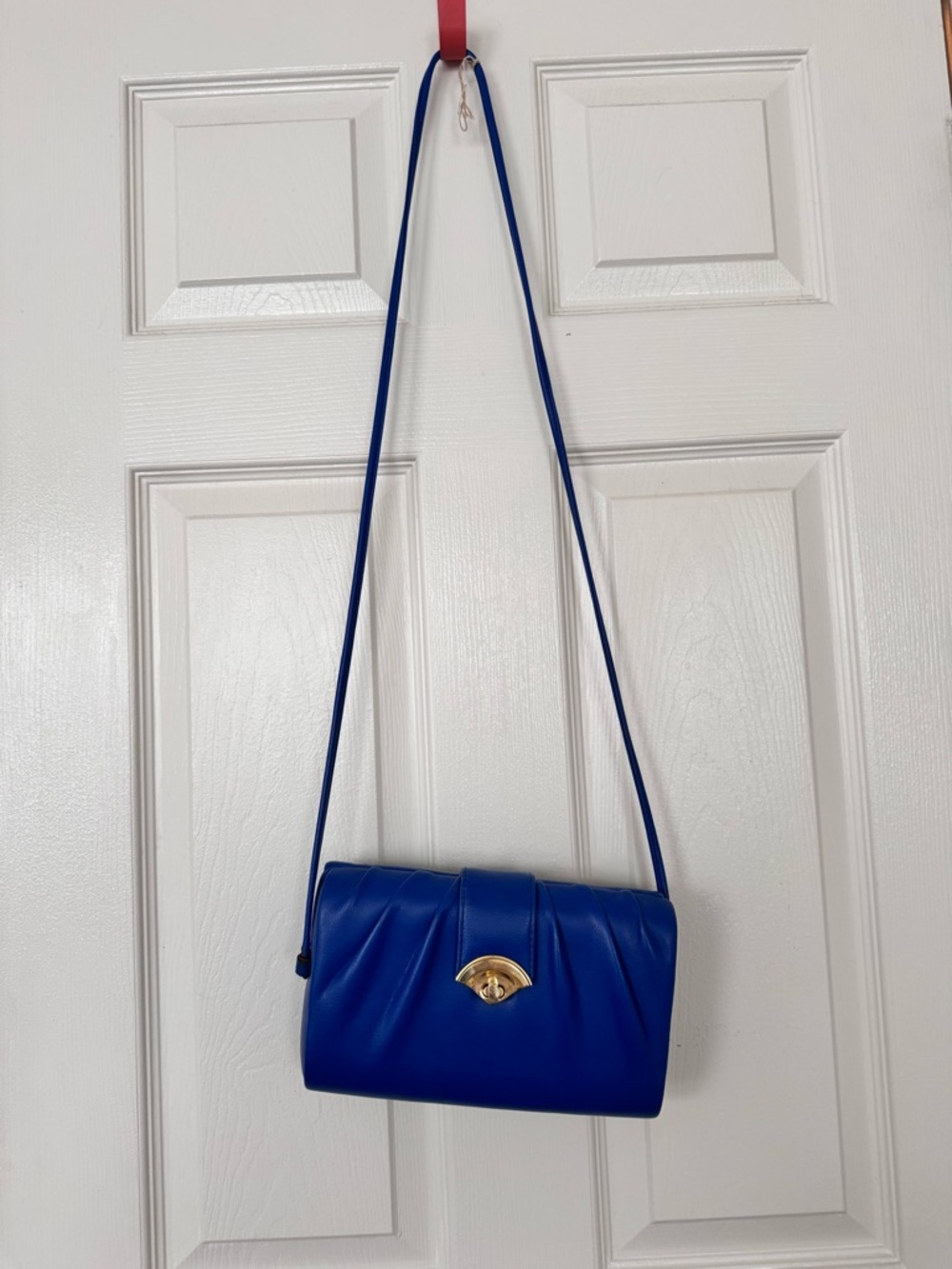 Blue Leather Crossbody Shoulder Bag with Gold Accent